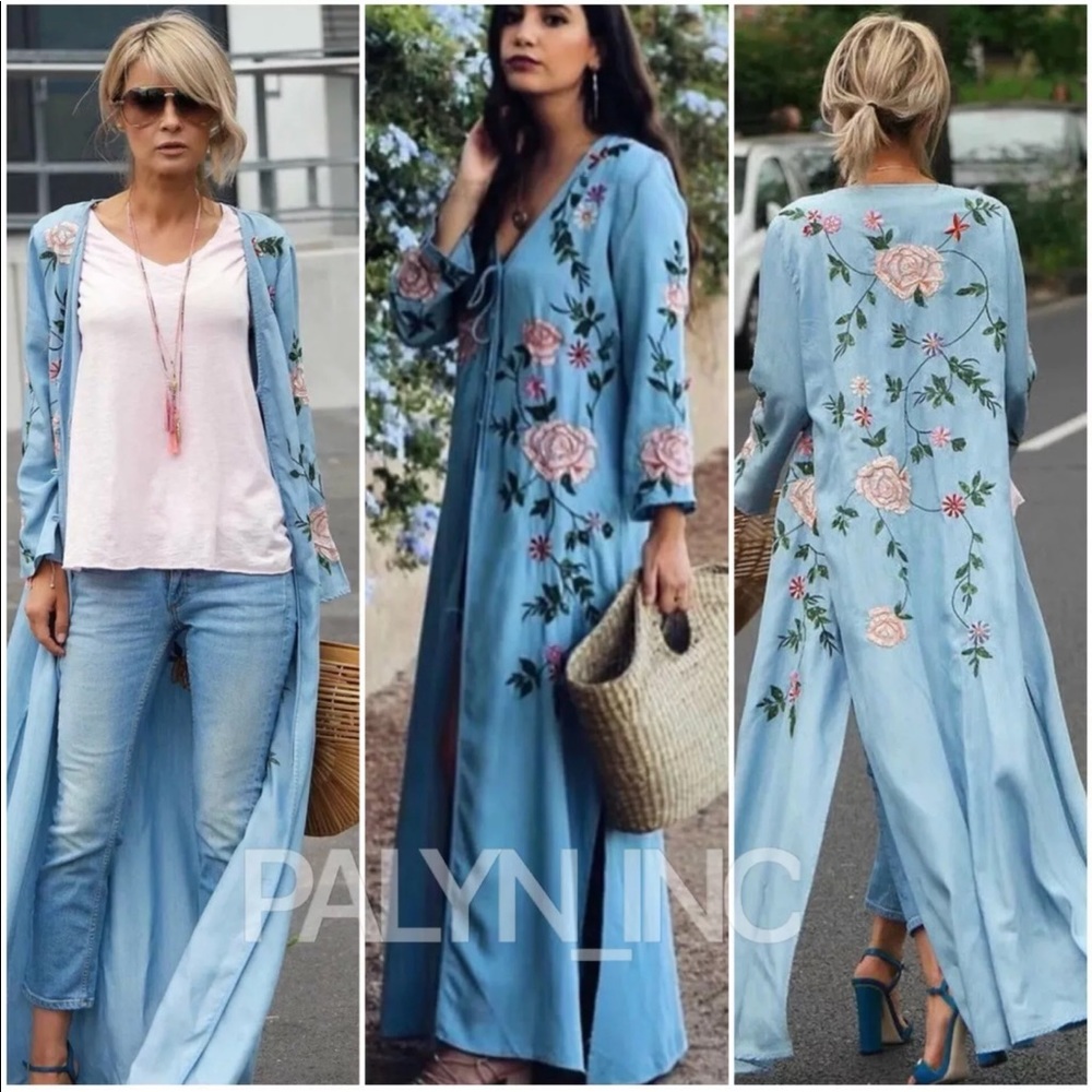 ❤️NWT ZARA BLUE EMBROIDERED LONG KIMONO COAT